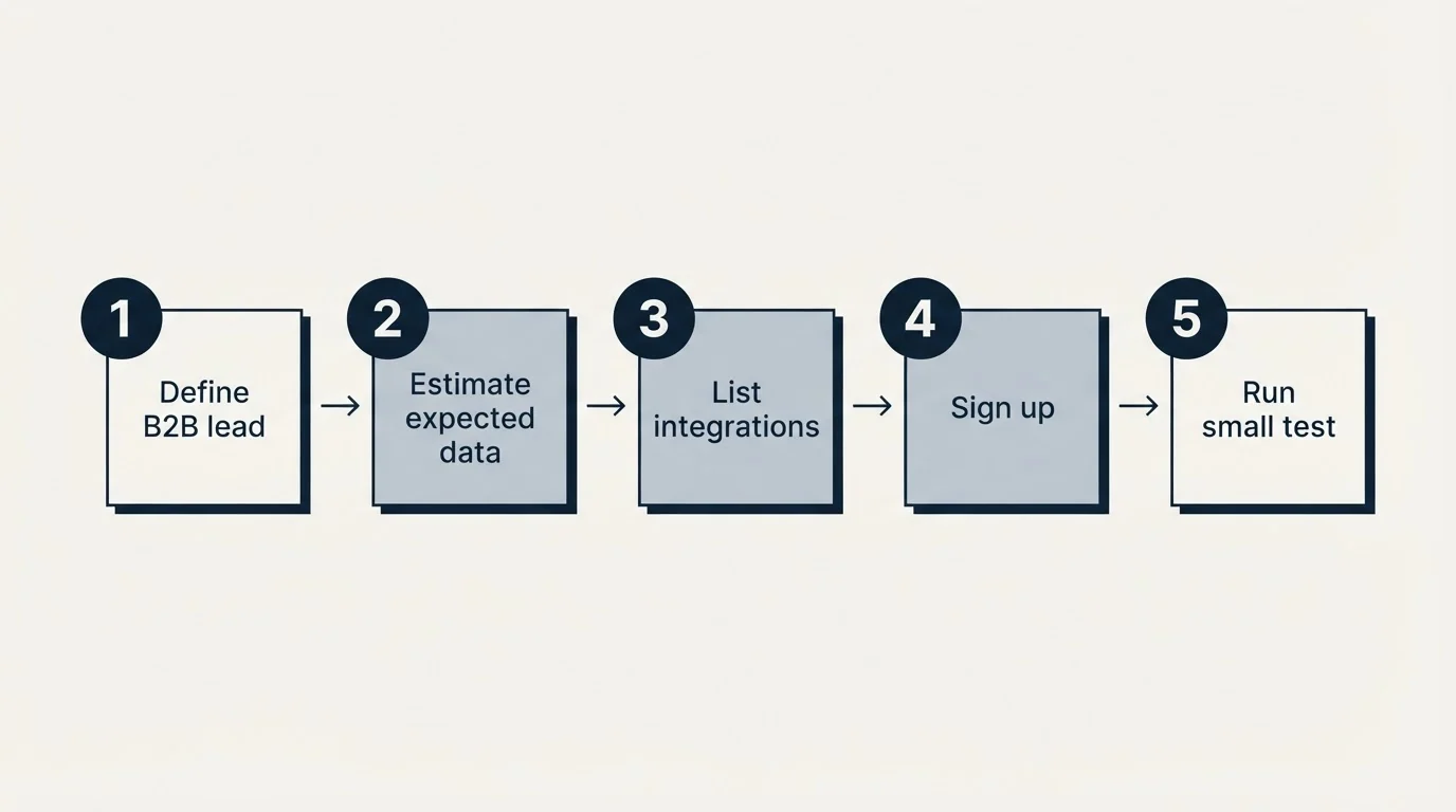 Step sequence: Getting Started Checklist (Define B2B lead, Estimate expected data, List integrations, Sign up)