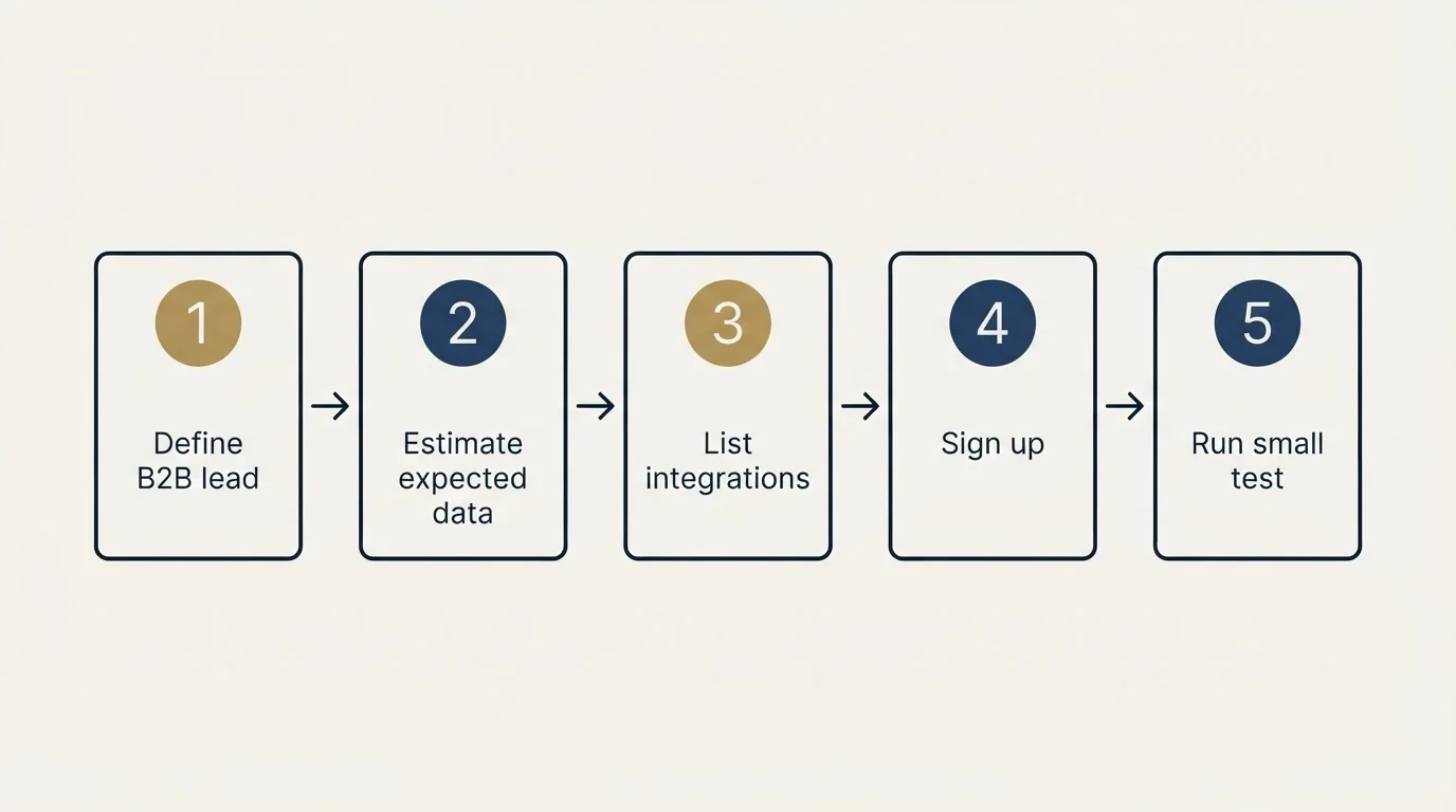 Step sequence: Getting Started Checklist (Define B2B lead, Estimate expected data, List integrations, Sign up)