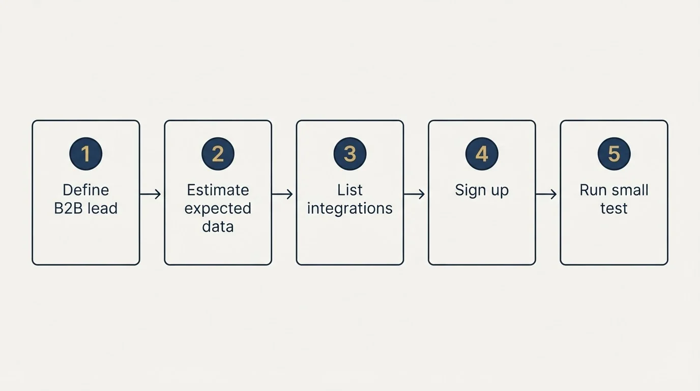 Step sequence: Getting Started Checklist (Define B2B lead, Estimate expected data, List integrations, Sign up)