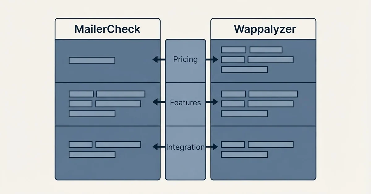 Comparison panel: MailerCheck vs Wappalyzer (Pricing, Features, Integration)