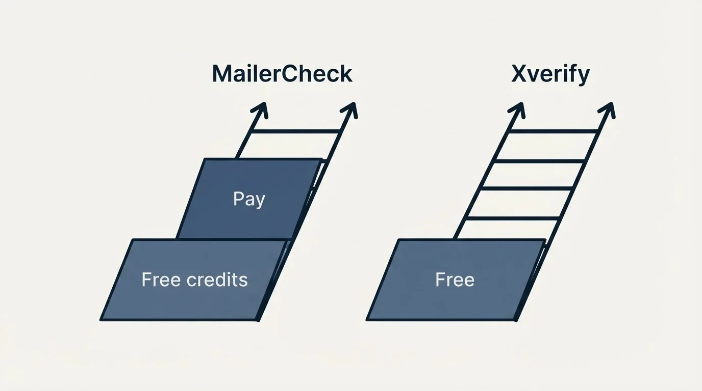 Pricing ladder: Pricing Comparison (MailerCheck, Xverify, Free credits, Free)