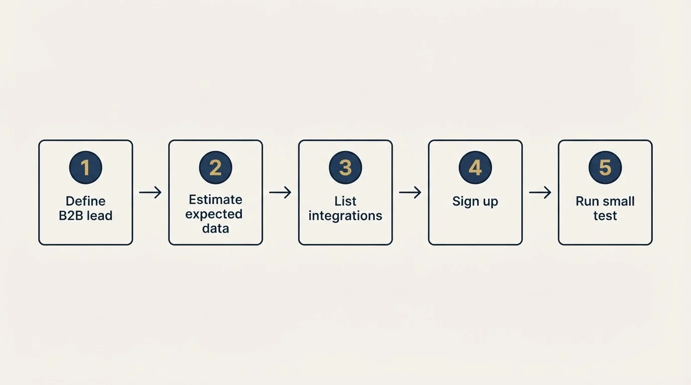 Step sequence: Getting Started Checklist (Define B2B lead, Estimate expected data, List integrations, Sign up)