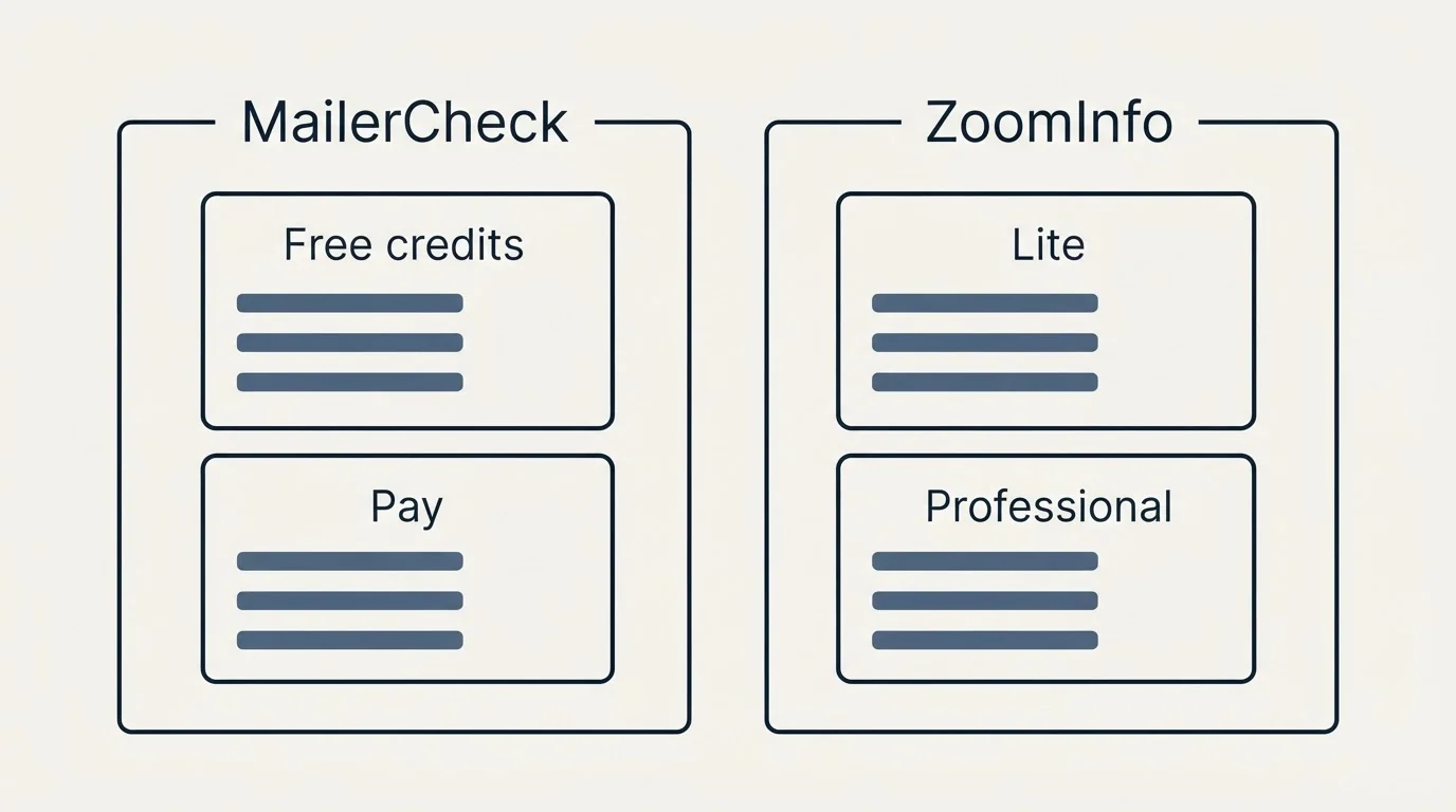 Pricing panels: Pricing Comparison (MailerCheck, ZoomInfo, Free credits, Lite)