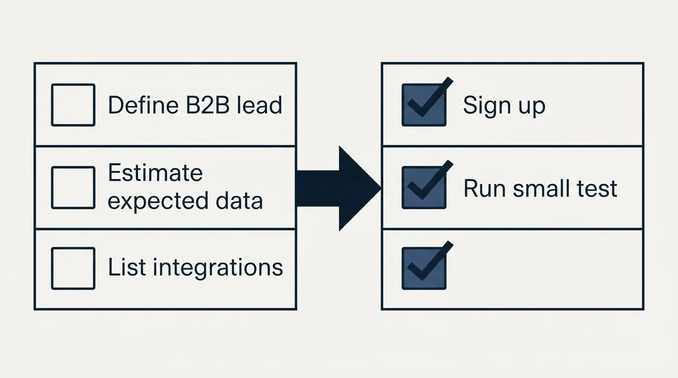 Before-and-after steps: Getting Started Checklist (Define B2B lead, Estimate expected data, List integrations, Sign up)