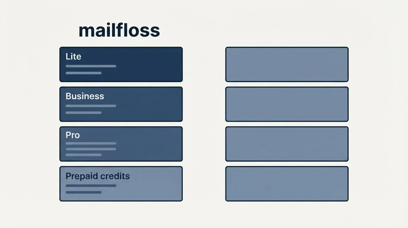 Pricing panels: Pricing Comparison (mailfloss, Lite, Business, Pro)
