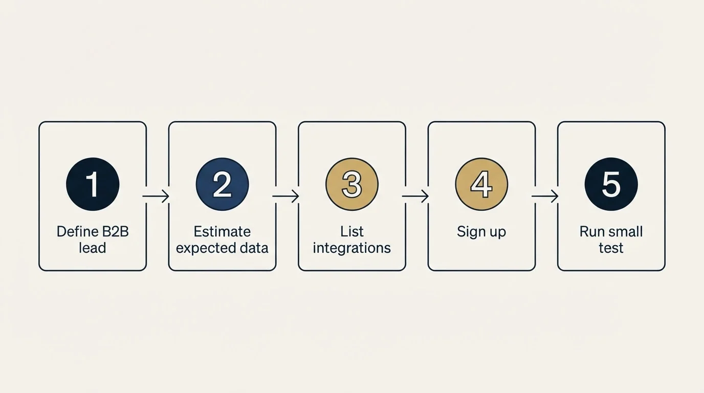 Step sequence: Getting Started Checklist (Define B2B lead, Estimate expected data, List integrations, Sign up)