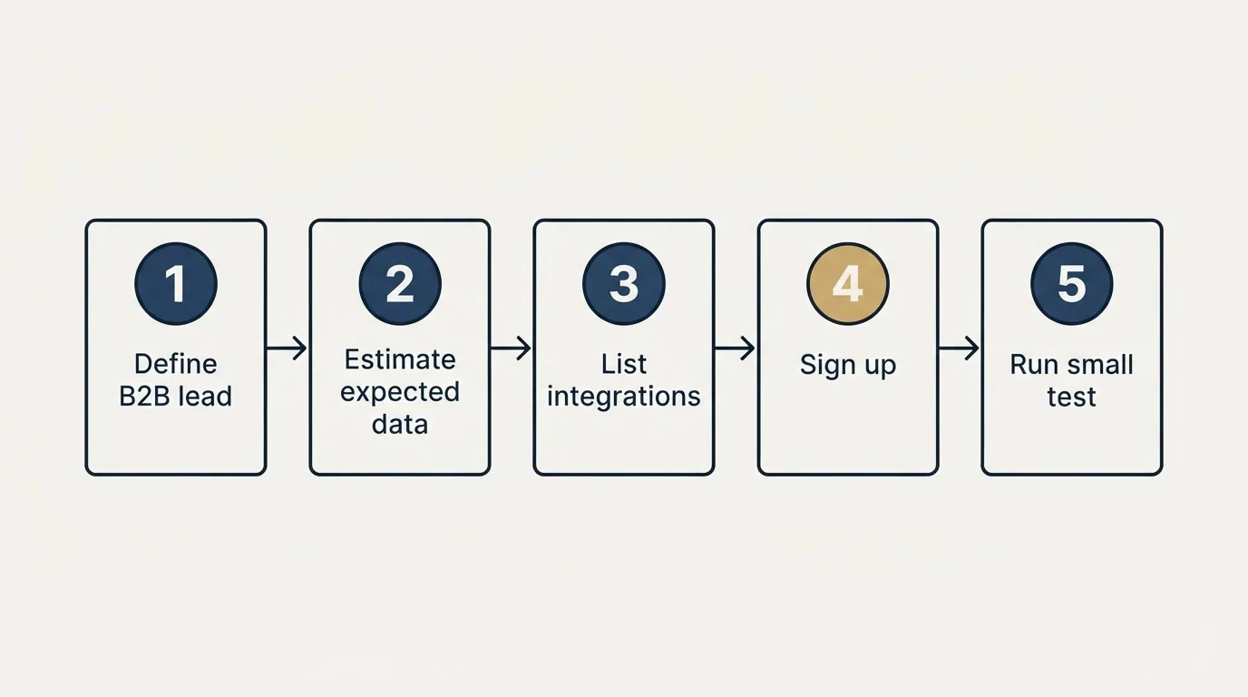 Step sequence: Getting Started Checklist (Define B2B lead, Estimate expected data, List integrations, Sign up)