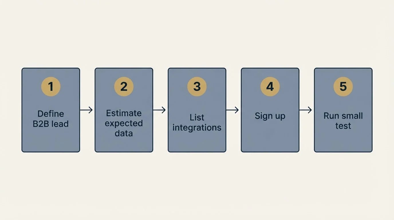 Step sequence: Getting Started Checklist (Define B2B lead, Estimate expected data, List integrations, Sign up)