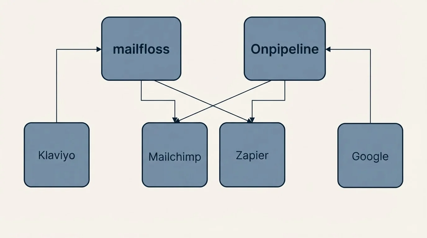 Integration grid: Integration Ecosystem (mailfloss, Onpipeline, Mailchimp, Zapier)