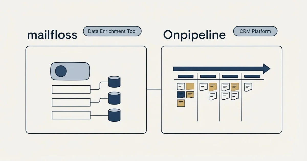 Side-by-side panels: mailfloss vs Onpipeline (Data Enrichment Tool, CRM Platform)