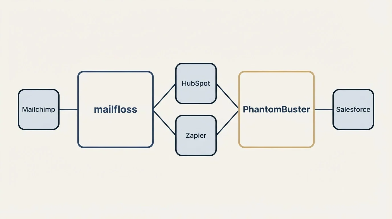 Integration schematic: Integration Ecosystem (mailfloss, PhantomBuster, HubSpot, Zapier)