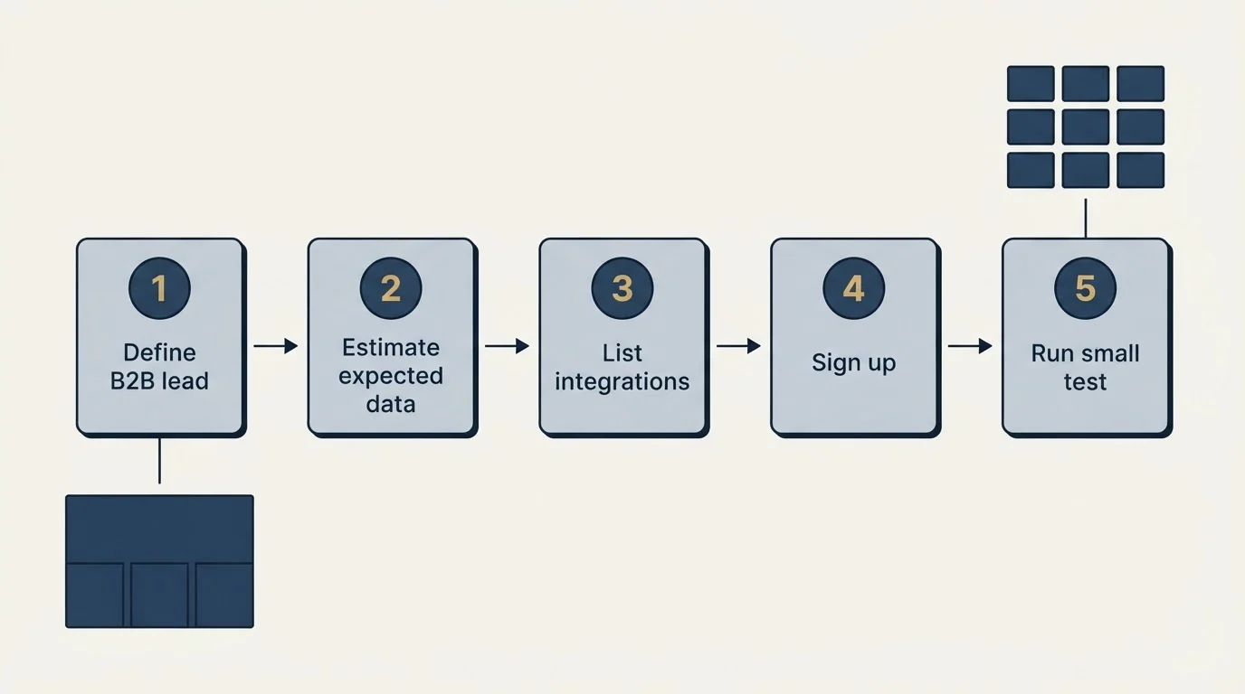 Step sequence: Getting Started Checklist (Define B2B lead, Estimate expected data, List integrations, Sign up)