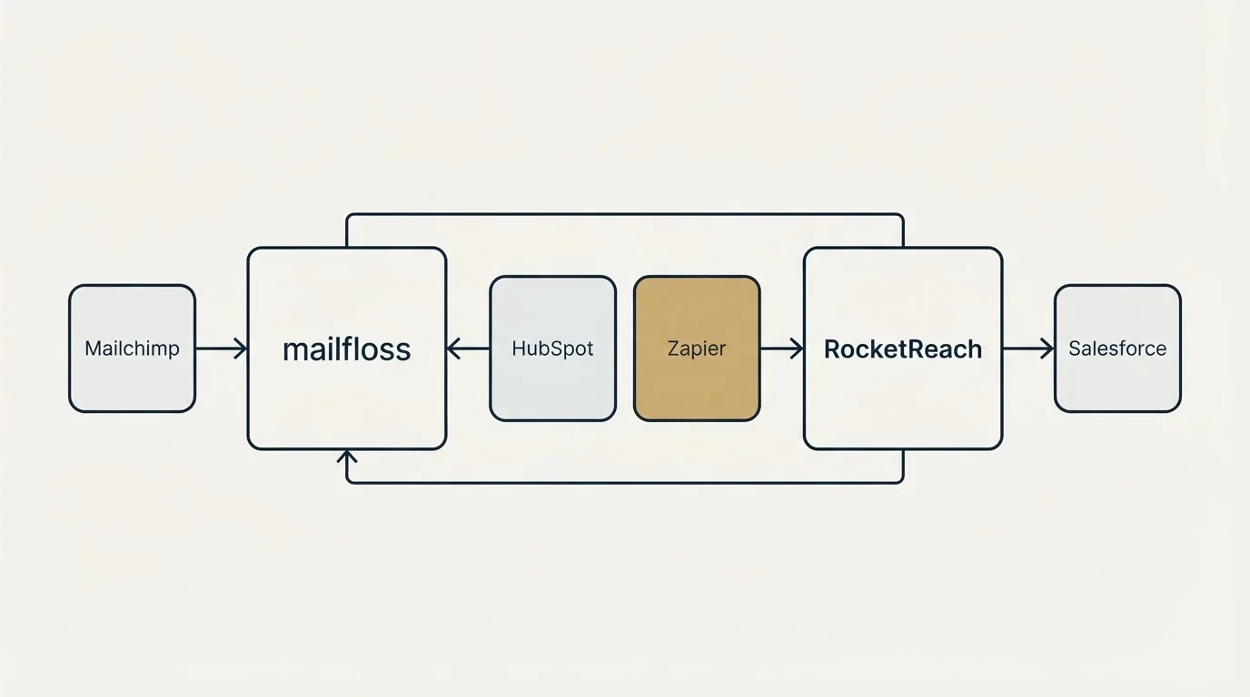 Integration schematic: Integration Ecosystem (mailfloss, RocketReach, HubSpot, Zapier)