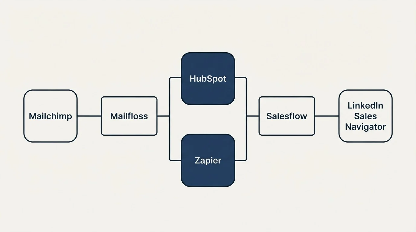 Integration flow: Integration Ecosystem (mailfloss, Salesflow, HubSpot, Zapier)