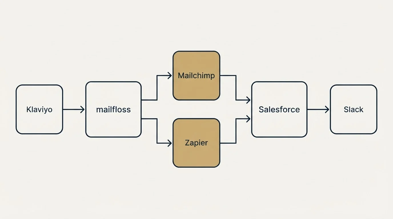 Integration flow: Integration Ecosystem (mailfloss, Salesforce, Mailchimp, Zapier)