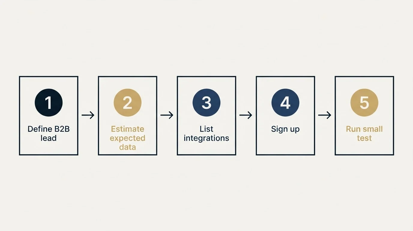 Step sequence: Getting Started Checklist (Define B2B lead, Estimate expected data, List integrations, Sign up)