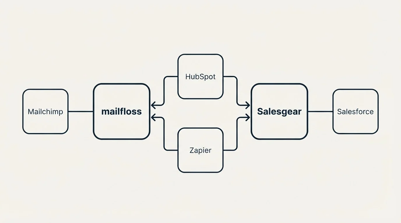 Integration flow: Integration Ecosystem (mailfloss, Salesgear, HubSpot, Zapier)
