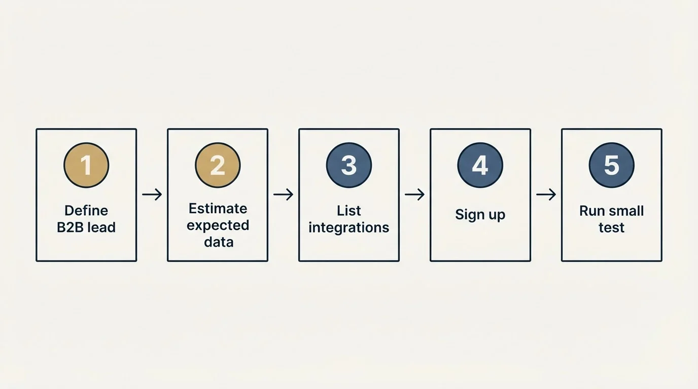 Step sequence: Getting Started Checklist (Define B2B lead, Estimate expected data, List integrations, Sign up)