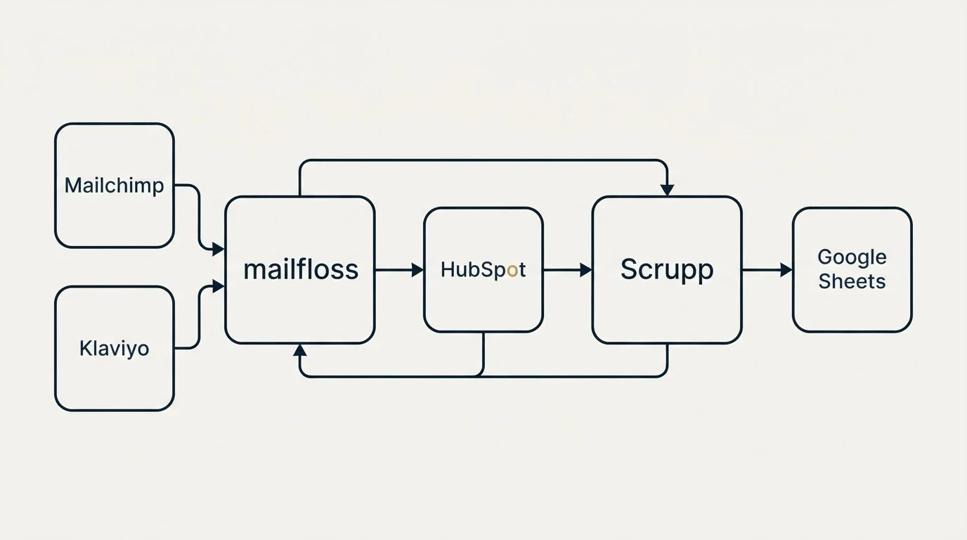 Integration schematic: Integration Ecosystem (mailfloss, Scrupp, HubSpot, Mailchimp)