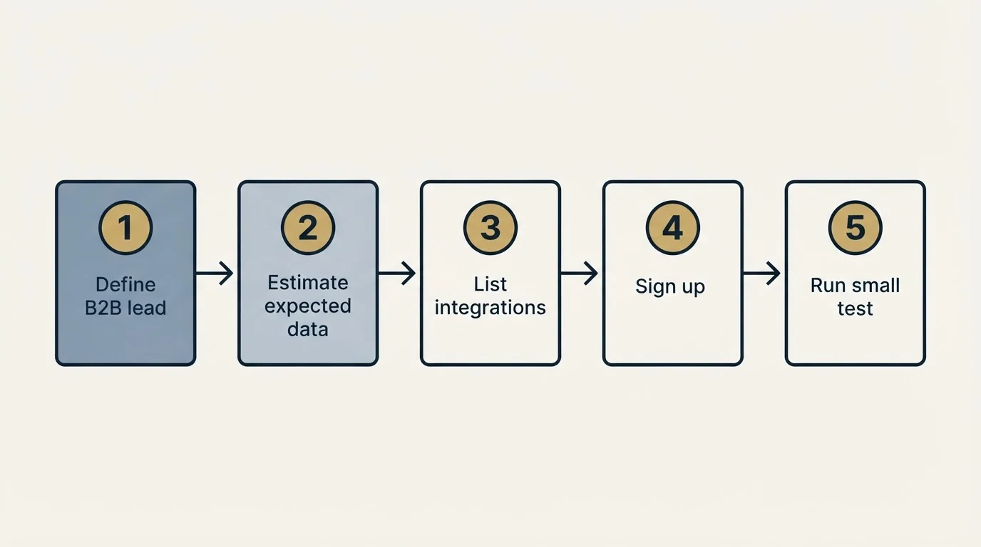 Step sequence: Getting Started Checklist (Define B2B lead, Estimate expected data, List integrations, Sign up)