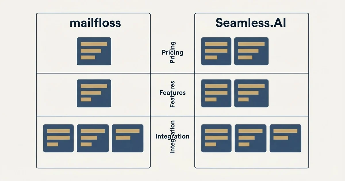 Comparison panel: mailfloss vs Seamless.AI (Pricing, Features, Integration)
