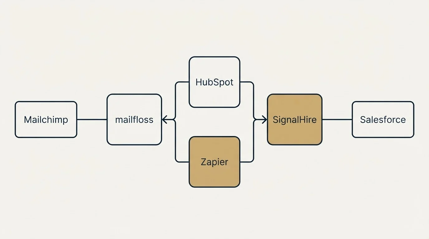 Integration flow: Integration Ecosystem (mailfloss, SignalHire, HubSpot, Zapier)