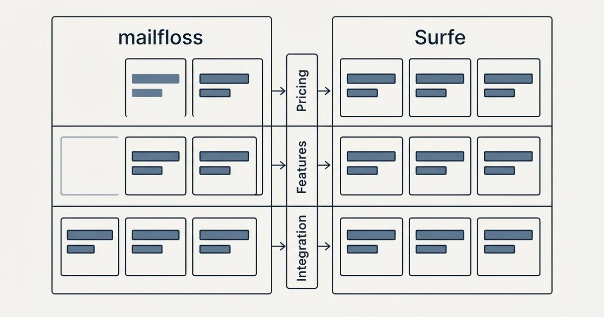 Comparison panel: mailfloss vs Surfe (Pricing, Features, Integration)