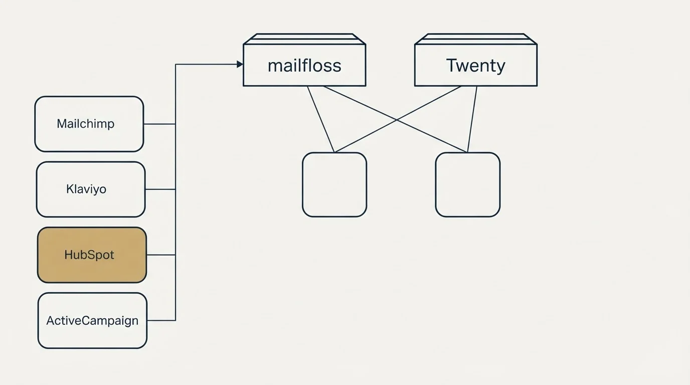 Integration grid: Integration Ecosystem (mailfloss, Twenty, Mailchimp, Klaviyo)