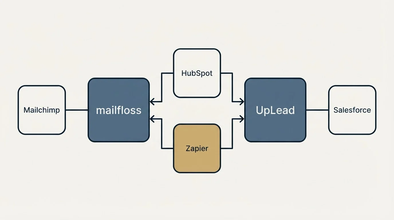 Integration flow: Integration Ecosystem (mailfloss, UpLead, HubSpot, Zapier)