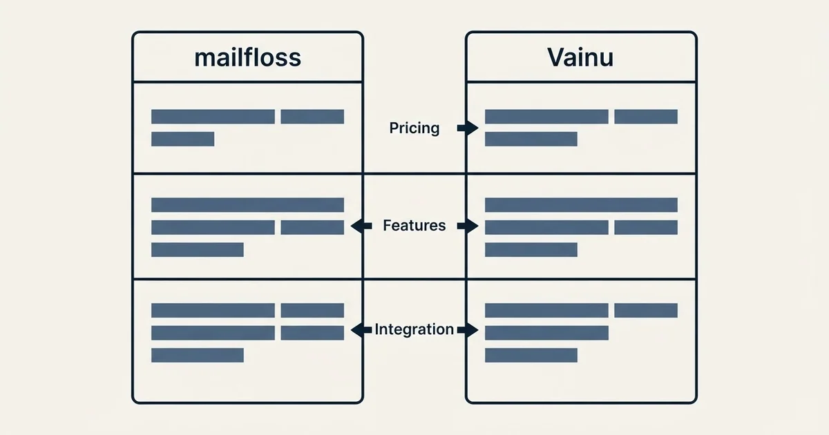 Comparison panel: mailfloss vs Vainu (Pricing, Features, Integration)