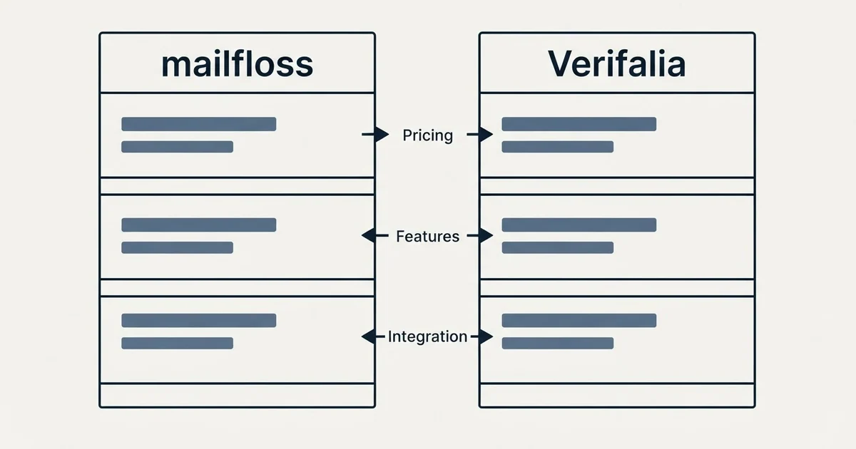 Comparison panel: mailfloss vs Verifalia (Pricing, Features, Integration)