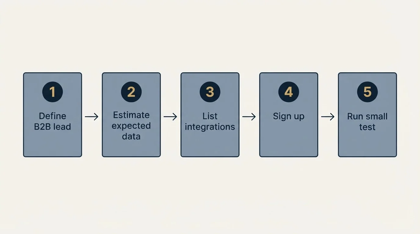 Step sequence: Getting Started Checklist (Define B2B lead, Estimate expected data, List integrations, Sign up)