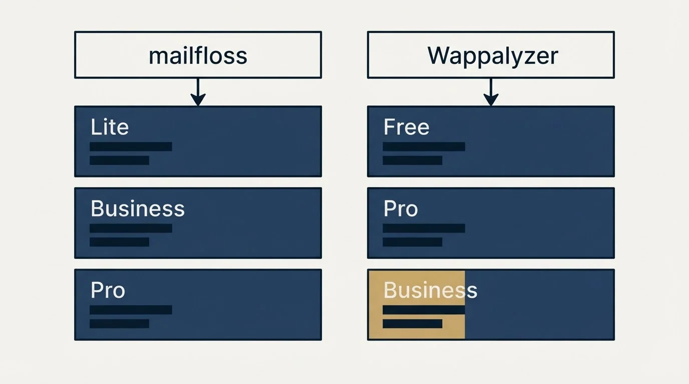 Pricing table: Pricing Comparison (mailfloss, Wappalyzer, Lite, Free)