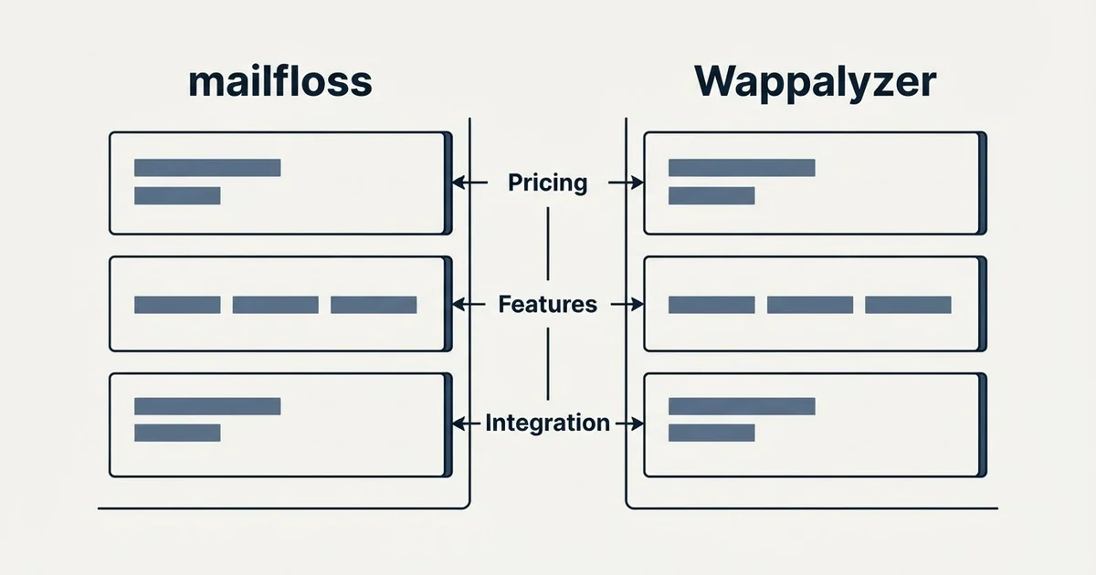 Comparison panel: mailfloss vs Wappalyzer (Pricing, Features, Integration)