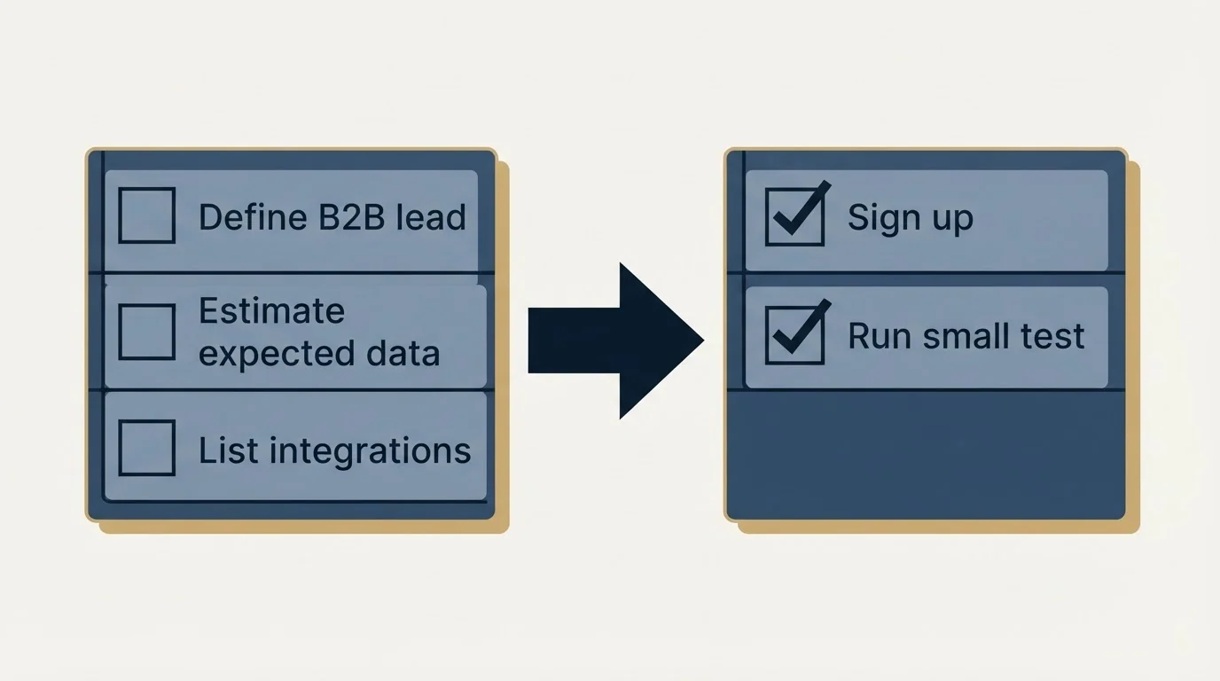 Before-and-after steps: Getting Started Checklist (Define B2B lead, Estimate expected data, List integrations, Sign up)
