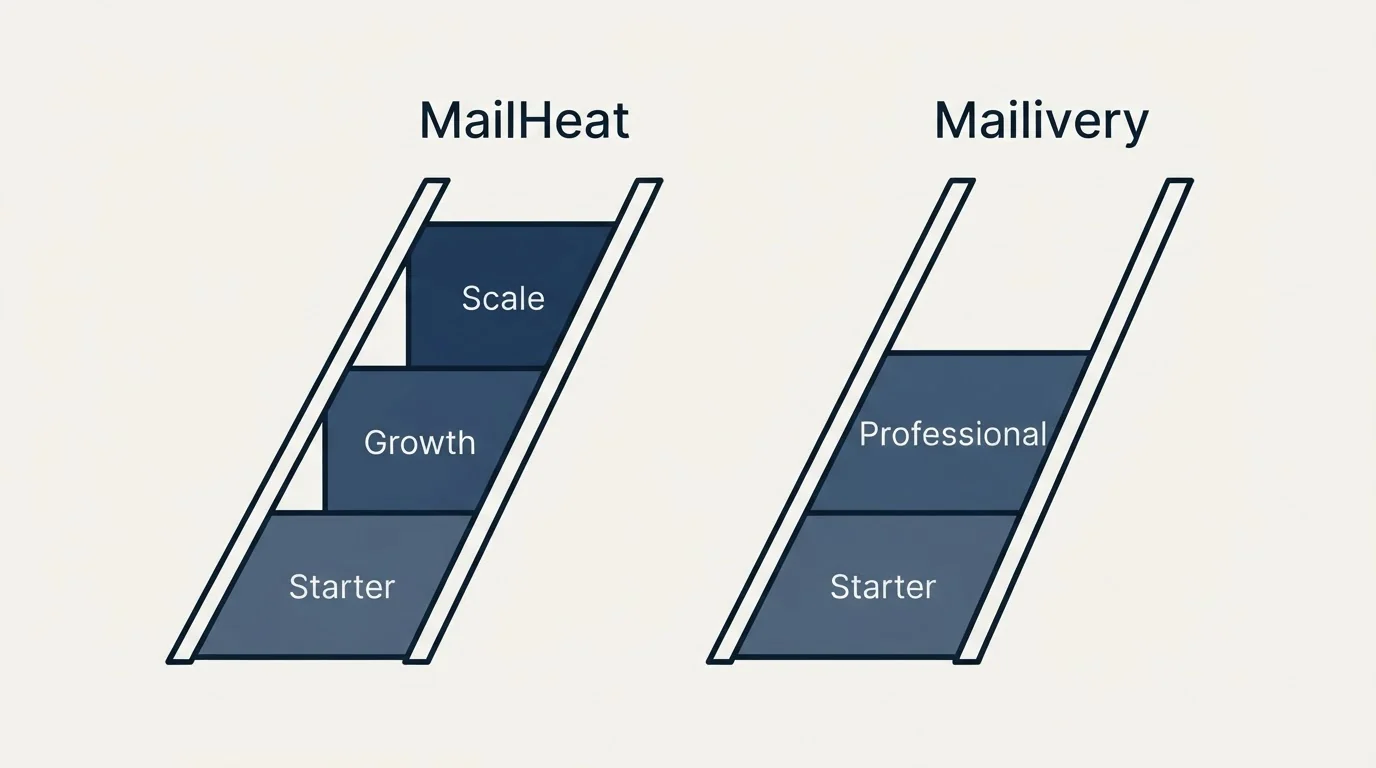 Pricing ladder: Pricing Comparison (MailHeat, Mailivery, Starter, Growth)