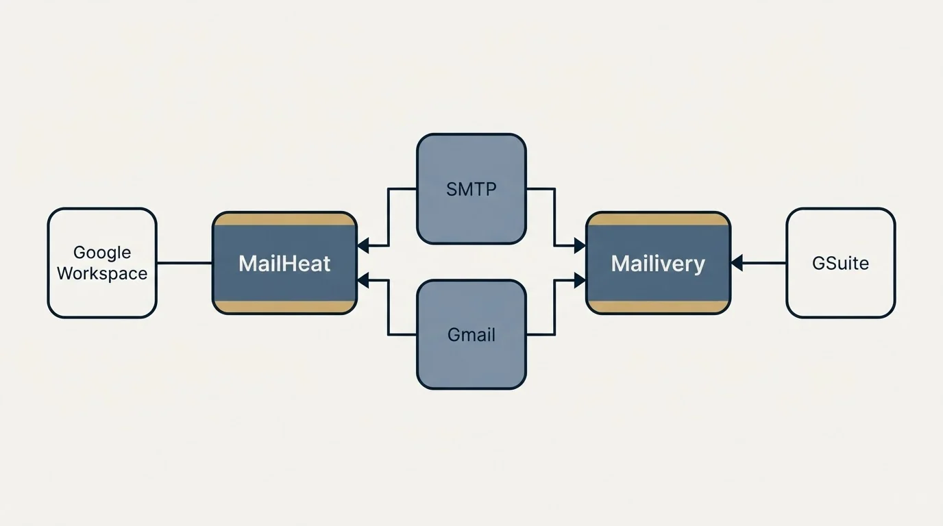 Integration schematic: Integration Ecosystem (MailHeat, Mailivery, SMTP, Gmail)