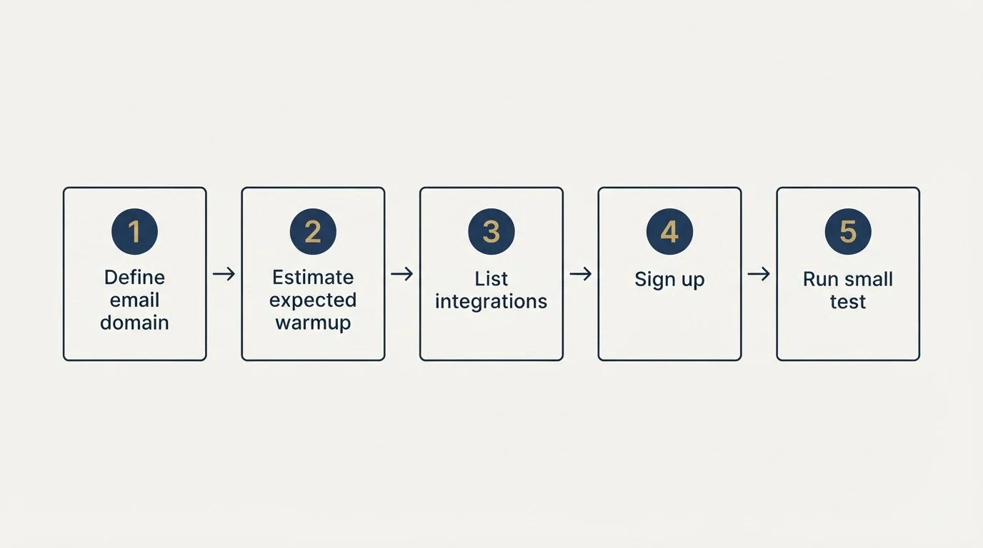 Step sequence: Getting Started Checklist (Define email domain, Estimate expected warmup, List integrations, Sign up)