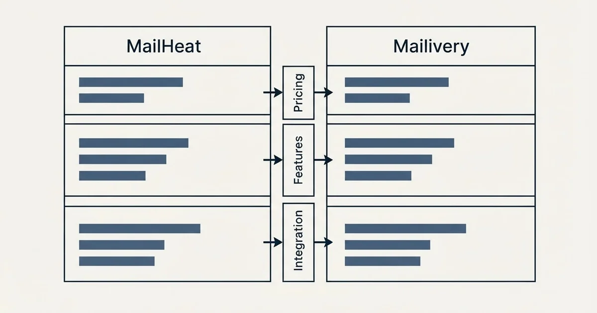 Comparison panel: MailHeat vs Mailivery (Pricing, Features, Integration)