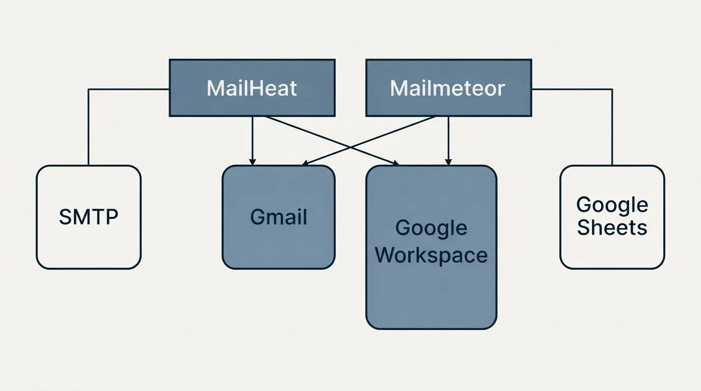 Integration grid: Integration Ecosystem (MailHeat, Mailmeteor, Gmail, Google Workspace)