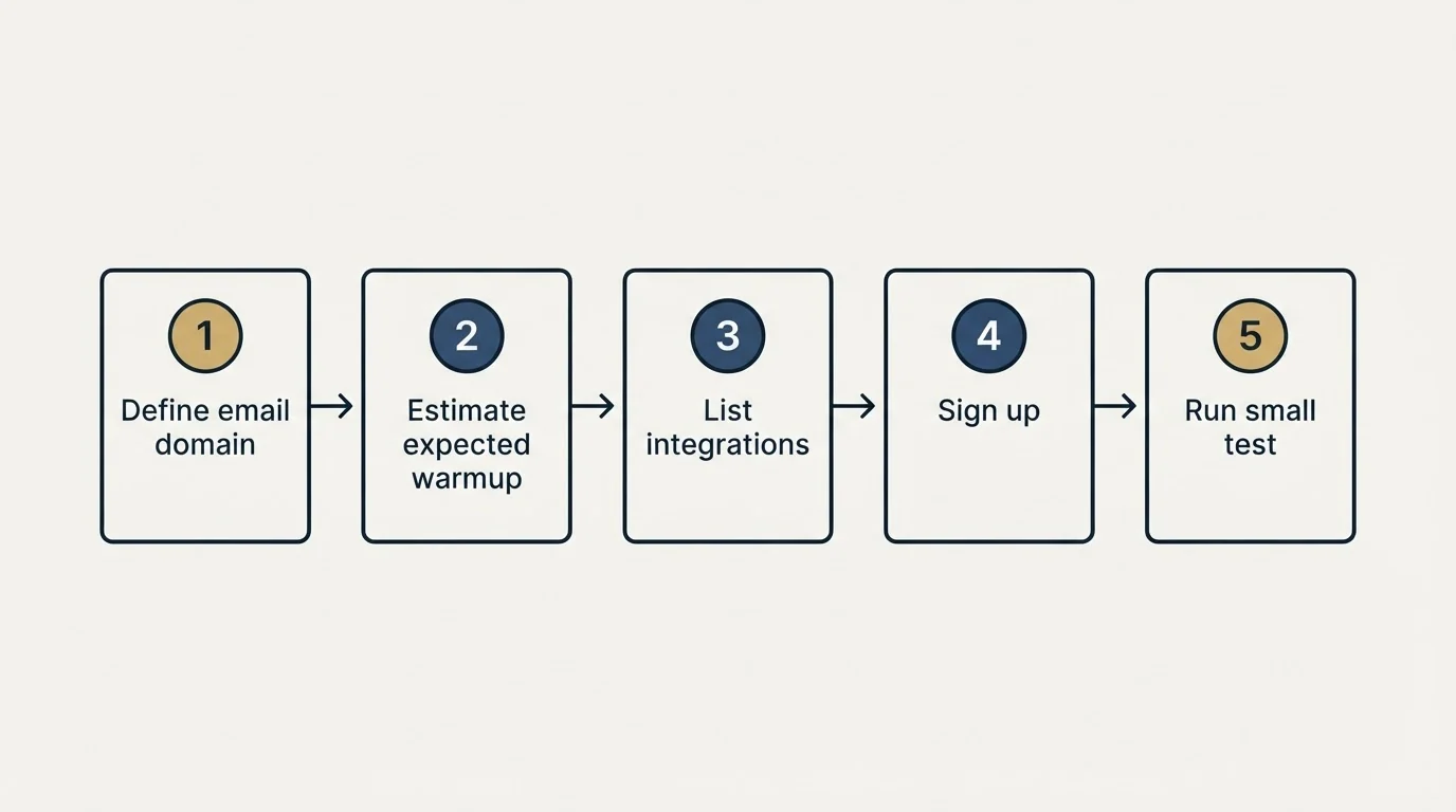 Step sequence: Getting Started Checklist (Define email domain, Estimate expected warmup, List integrations, Sign up)