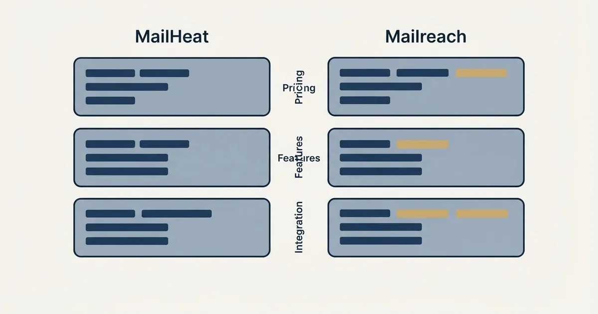 Comparison panel: MailHeat vs Mailreach (Pricing, Features, Integration)