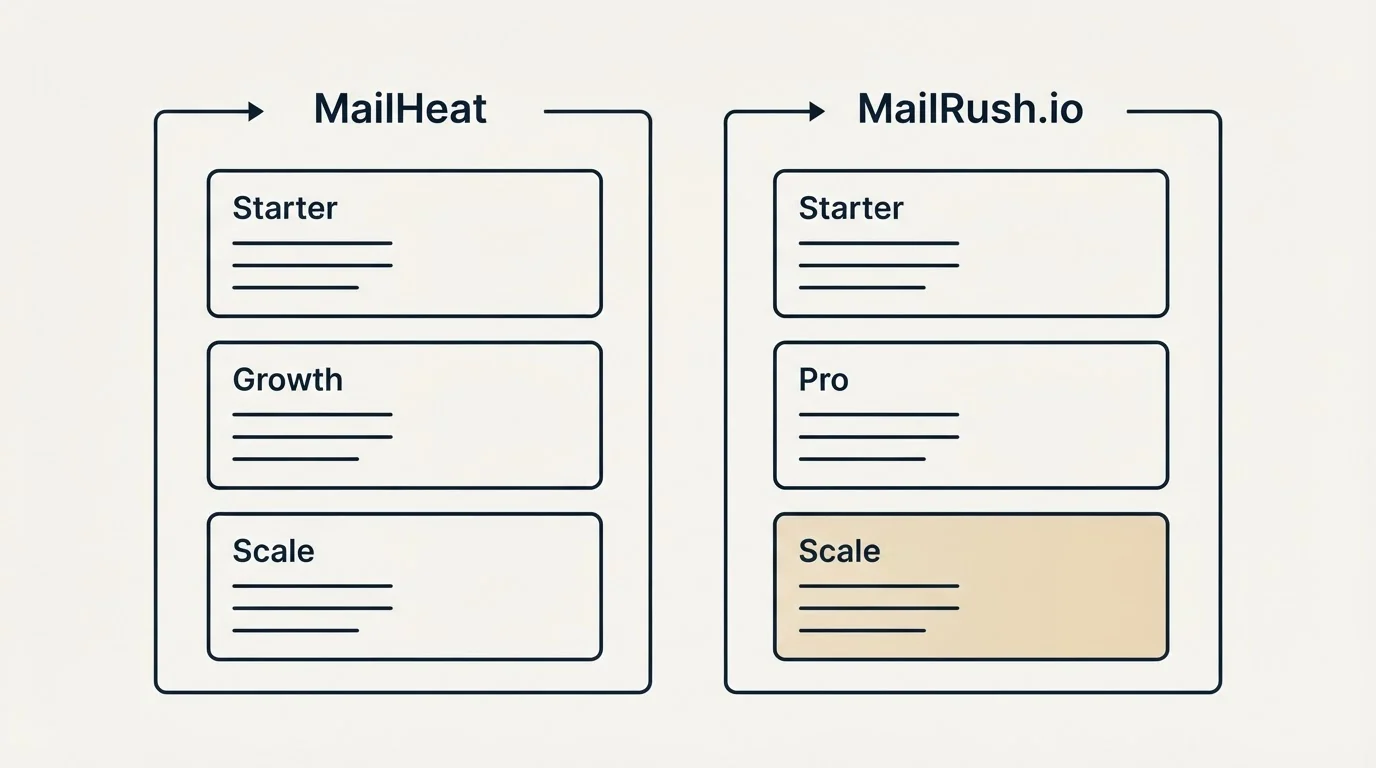 Pricing panels: Pricing Comparison (MailHeat, MailRush.io, Starter, Growth)
