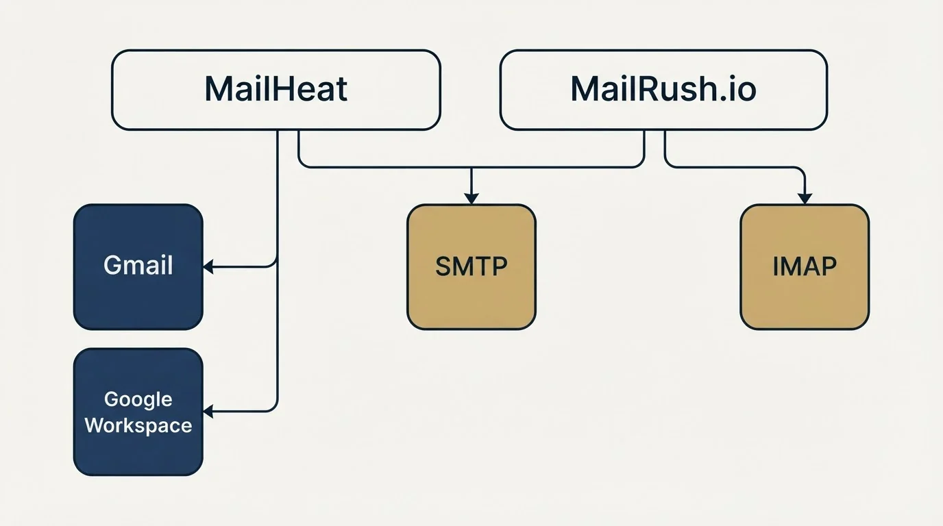 Integration grid: Integration Ecosystem (MailHeat, MailRush.io, SMTP, Gmail)