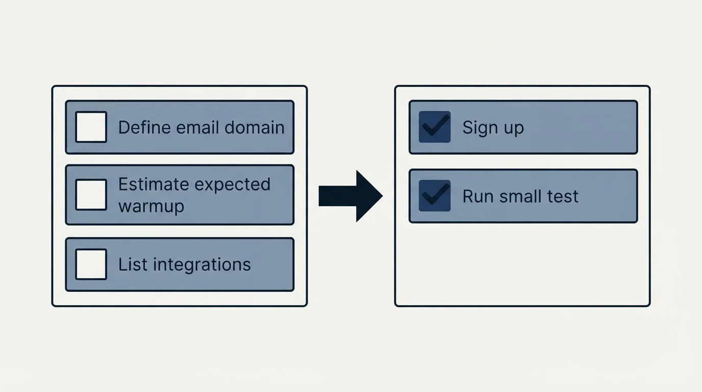 Before-and-after steps: Getting Started Checklist (Define email domain, Estimate expected warmup, List integrations, Sign up)