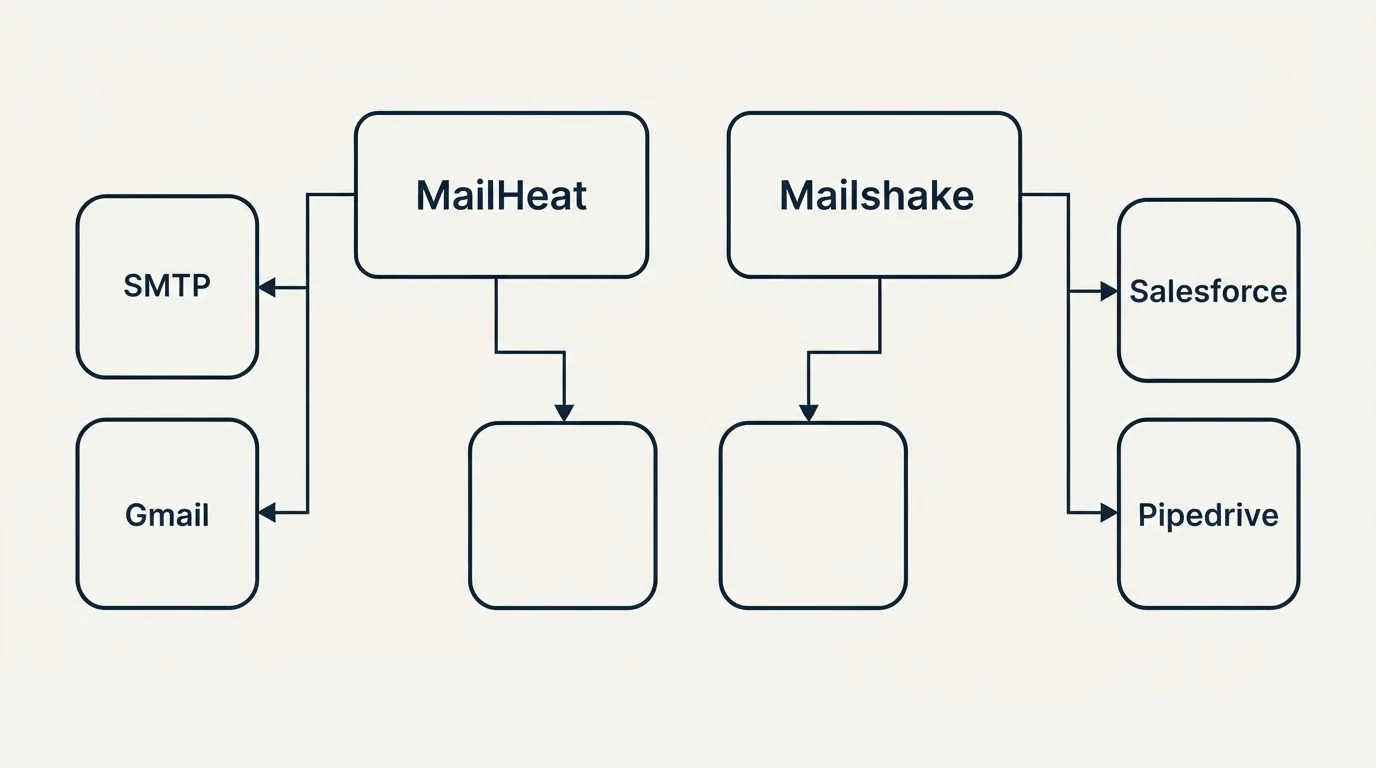 Integration grid: Integration Ecosystem (MailHeat, Mailshake, SMTP, Salesforce)