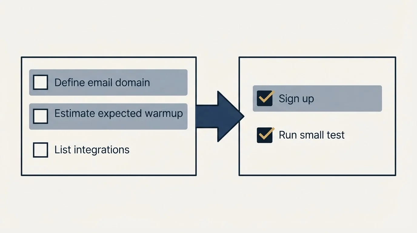 Before-and-after steps: Getting Started Checklist (Define email domain, Estimate expected warmup, List integrations, Sign up)