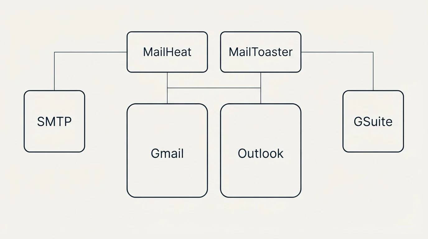 Integration grid: Integration Ecosystem (MailHeat, MailToaster, Gmail, Outlook)