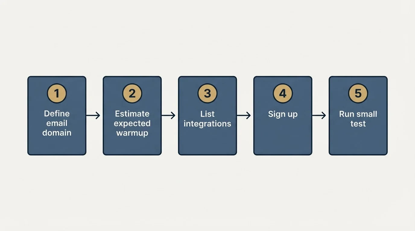 Step sequence: Getting Started Checklist (Define email domain, Estimate expected warmup, List integrations, Sign up)