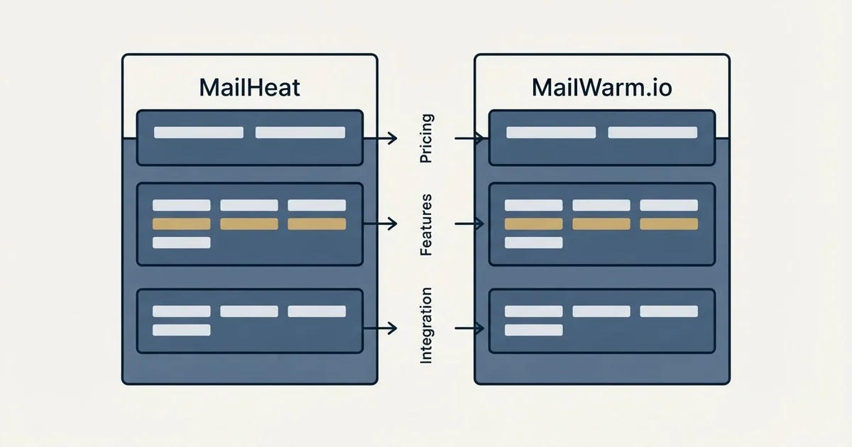 Comparison panel: MailHeat vs MailWarm.io (Pricing, Features, Integration)